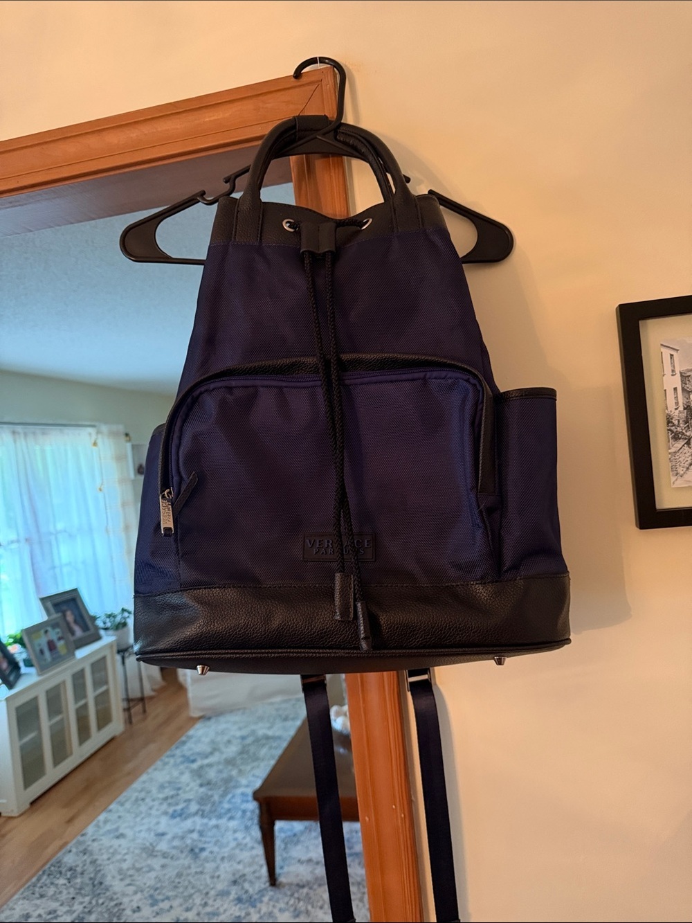 Versace Parfums Navy and Black Drawstring Top Backpack with Leather Base